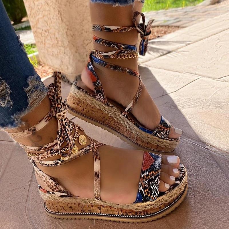 Women Snakeskin Lace Up Strappy Platform Sandals