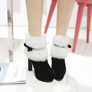 Women's high heeled platform Christmas booties bowknot cute fluffy zipper ankle boots