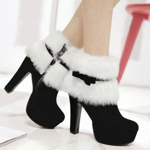 Women's high heeled platform Christmas booties bowknot cute fluffy zipper ankle boots