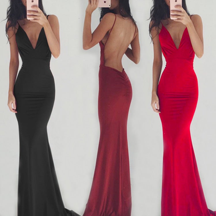 Sexy backless paghetti strap v neck mermaid maxi dress | summer wedding party bridesmaid dress