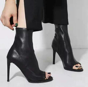 Women square peep toe zipper stiletto high heel ankle boots