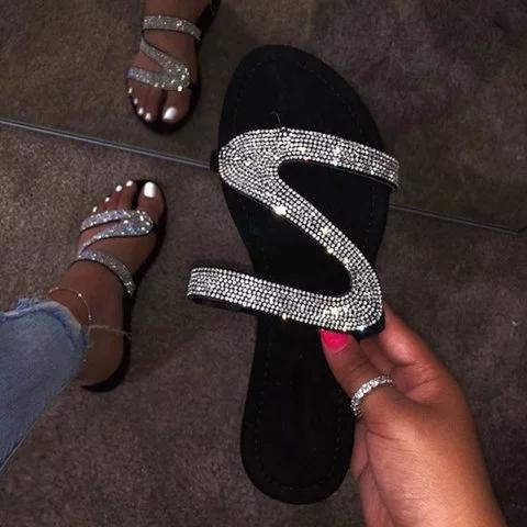 Sparkling Beads Glitter Flat Slide Sandals Women Shiny Slipper