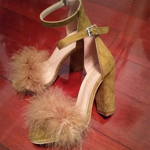 Women peep toe faux fur ankle strap side hollow chunky heels