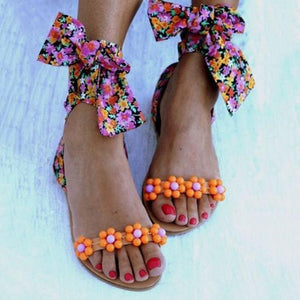 Women's boho wrap around ankle flat beach sandals floral lace-up