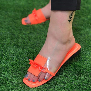 Women square toe clear strap chain decor flat slide sandals