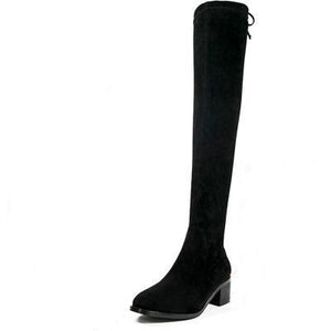 Black thigh high chunky boots elasitc suede over the knee boots