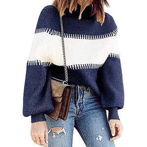 Women pullover high neck long sleeve color block sweater