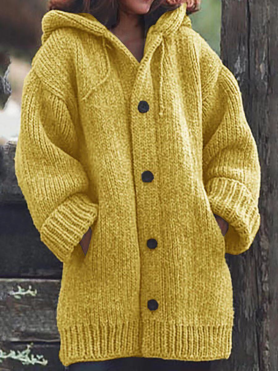 Women's hooded chunky cardigan sweater with pockets knitted button up sweater