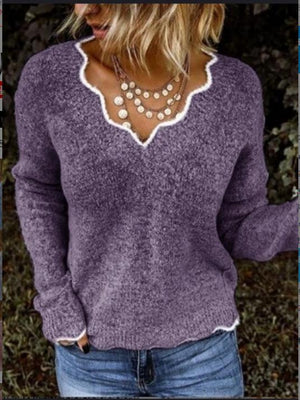 Women Gray Solid Color Holiday Floral V Neck Sweater