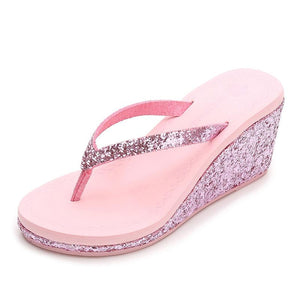 Women summer beach sparkly rhinestone slide wedge flip flop