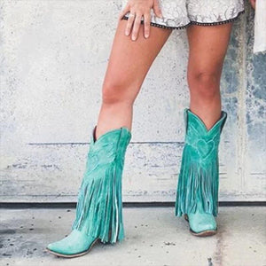 Mid calf fringed cowboy boots vintage pointed toe block heel boots retro western boots for women