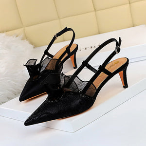 Women lace flower pointed toe slingback buckle strap stiletto heels