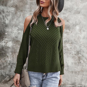Women off shoulder slit hem solid color cable knit sweater