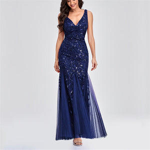 Sexy v neck sequins mesh patchwork fishtail maxi dress | Sleeveless mermaid dress bridesmaid evening gowns