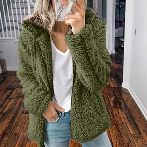 Women faux fur zip up solid color long sleeve hooded coat