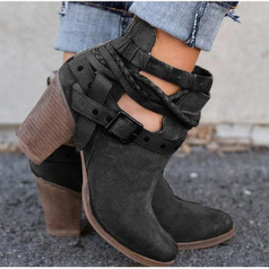 Ankle strap buckle boots chunky heel block heel boots for women