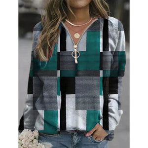 Women new fashion plaid printed sweatshirt quarter zip pullovers