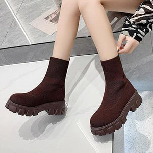Women chunky platform solid color slip on sock booties