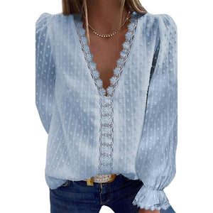 Women lace flower solid color pullover v neck tops