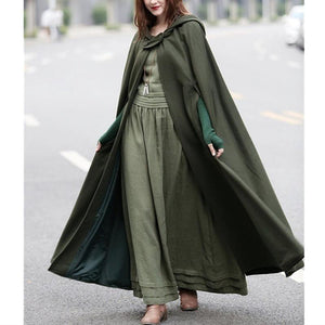 Women hooded cape solid color long duster coat