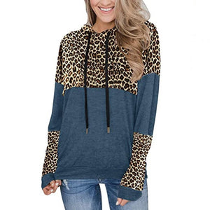 Women color block leopard pullover drawstring hoodie sweatshirt