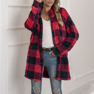 Women winter fall long sleeve color block plaid cardigan