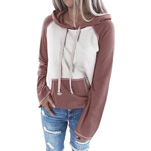 Women color block long sleeve drawstring hoodie sweatshirt