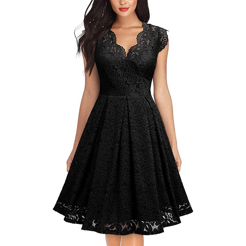 Sleevesless v neck wrap lace dress flare mini dress | A line large swing cocktail dress evening gowns