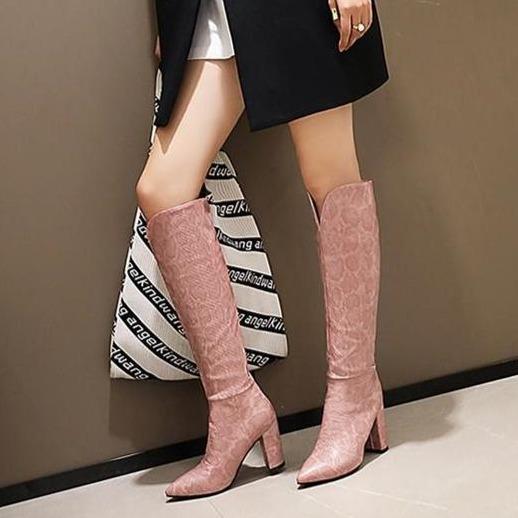 Women fashion v cut snakeskin chunky high heel knee high boots