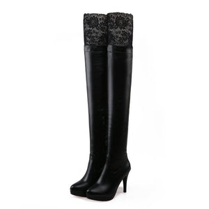 Women platform stiletto high heel lace thigh high boots