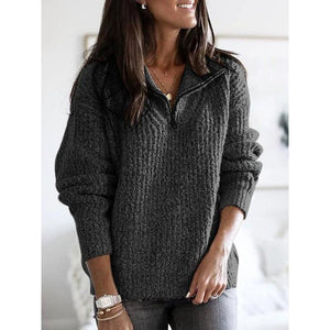 Women knit zip high neck long sleeve pullover sweater