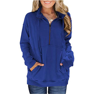 Women solid color pullover half zip sweatshirt with pocket