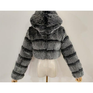 Women hooded cropped solid color long sleeve faux fur coat