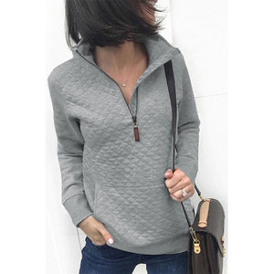 Women plaid solid color quarter zip pullover with pocket