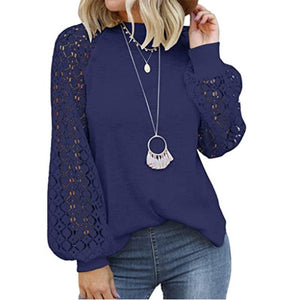 Women lace flower long sleeve crew neck white top