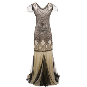 Vintage 1920s sequins lace patchwork costume maxi dress | Retro evening gowns party dress