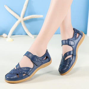 Women's closed toe hollow magic tape sandals flat comfy walking loafers shoes