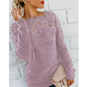 Women lace flower hollow solid color pullover sweater