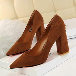Women minimalist solid color office lady shallow slip on chunky heels