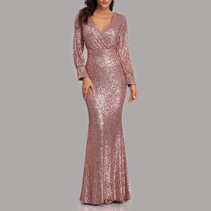 Sexy v neck sequins shinning memaid flare party dress | Fall winter long sleeves sheath maxi dress evening gowns