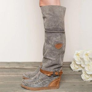 Wedge heel knee high boots suede retro ankle strap buckle long boots