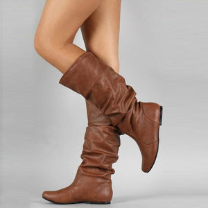Women Fashion Solid Color Round Toe Flat Heel Slip On Slouch Boots