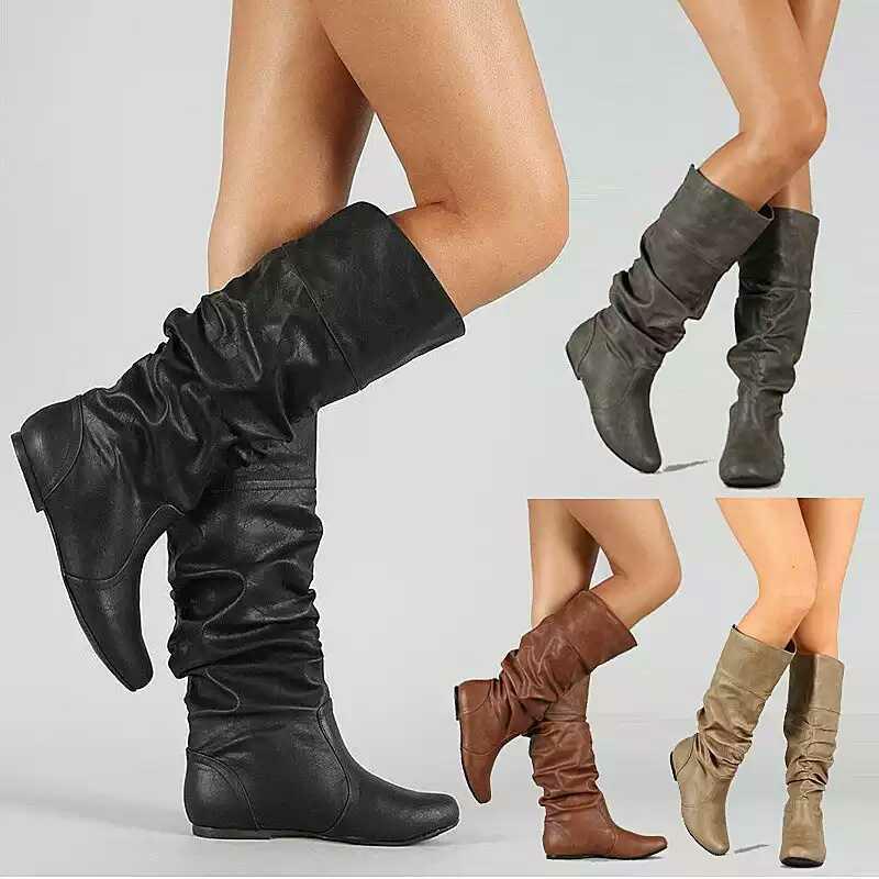 Women Fashion Solid Color Round Toe Flat Heel Slip On Slouch Boots