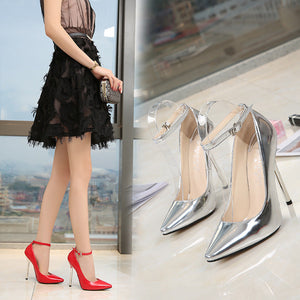 Women fashion mirror pointed toe buckle strap stiletto heels