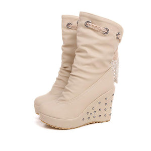 Women mid calf back cute lace studded wedge boots