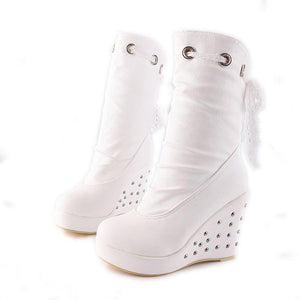 Women mid calf back cute lace studded wedge boots