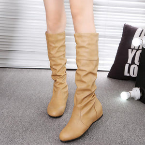 Women Fashion Solid Color Round Toe Flat Heel Slip On Slouch Boots