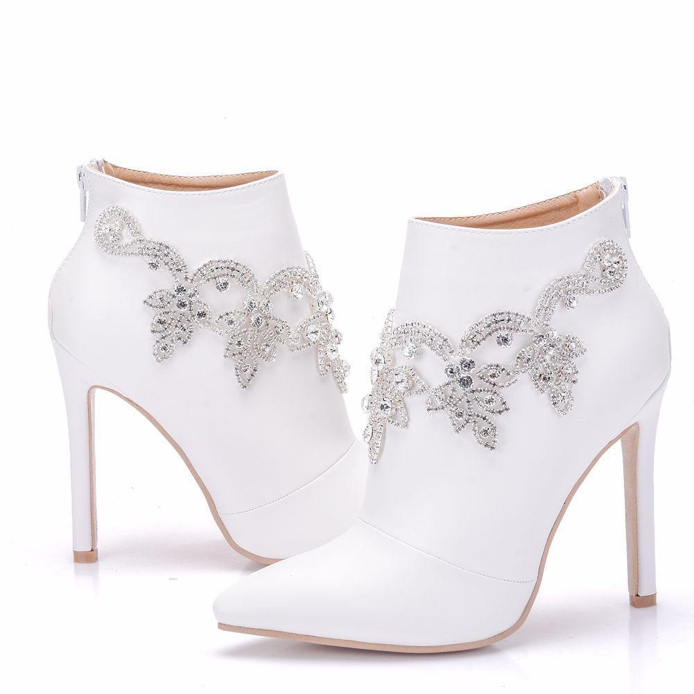 White stiletto heels wedding booties rhinestone décor pointed toe booties