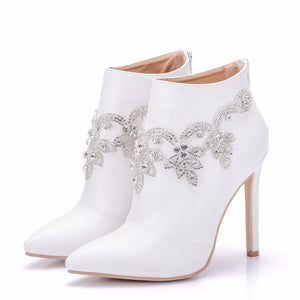 White stiletto heels wedding booties rhinestone décor pointed toe booties