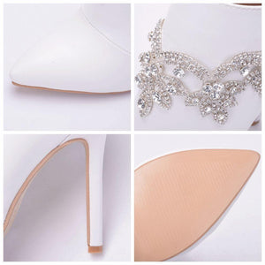 White stiletto heels wedding booties rhinestone décor pointed toe booties